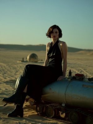 A woman on a noil drum in the desert