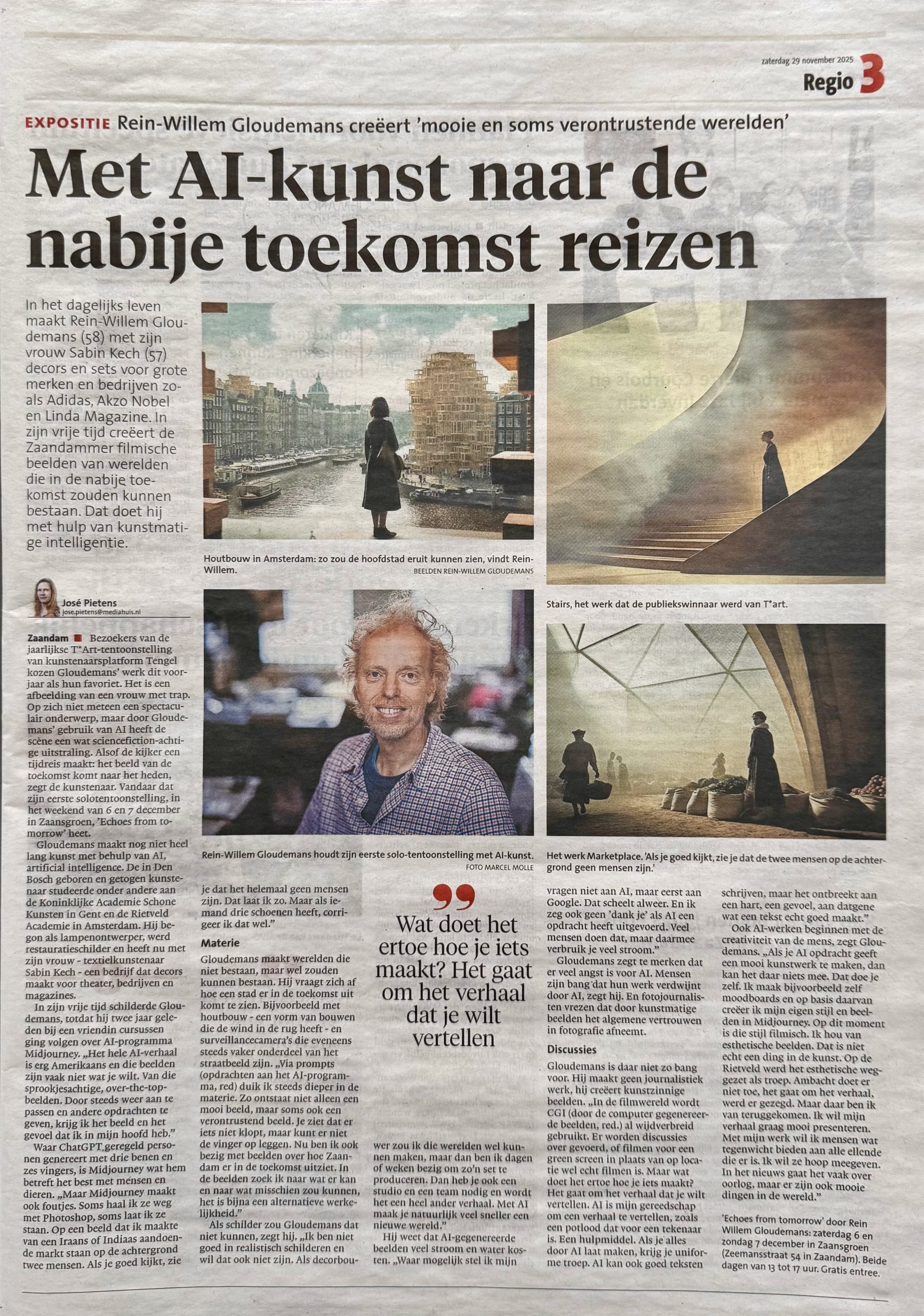 Interview about AI-Art in Noordhollands Dagblad. Text ©José Pietens, Portret photo ©Marcel Molle | Met AI-kunst naar de nabije toekomst reizen